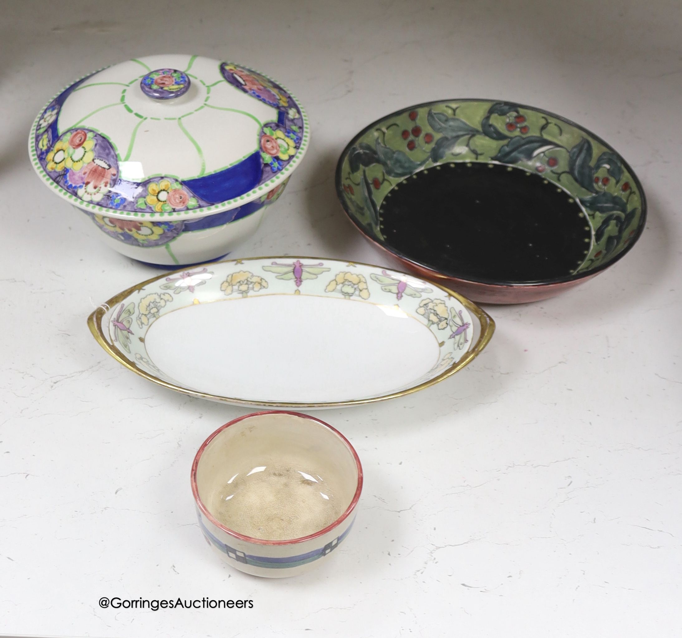 Three Scottish art pottery bowls, two signed Bough, one signed Mak Merry, and a Scottish decorated Rosenthal serving dish